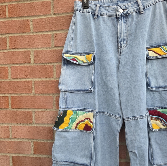 Beaded Pockets Cargo Wide Leg Jeans Light Wash Y2K Waist 30 - Picture 7 of 8